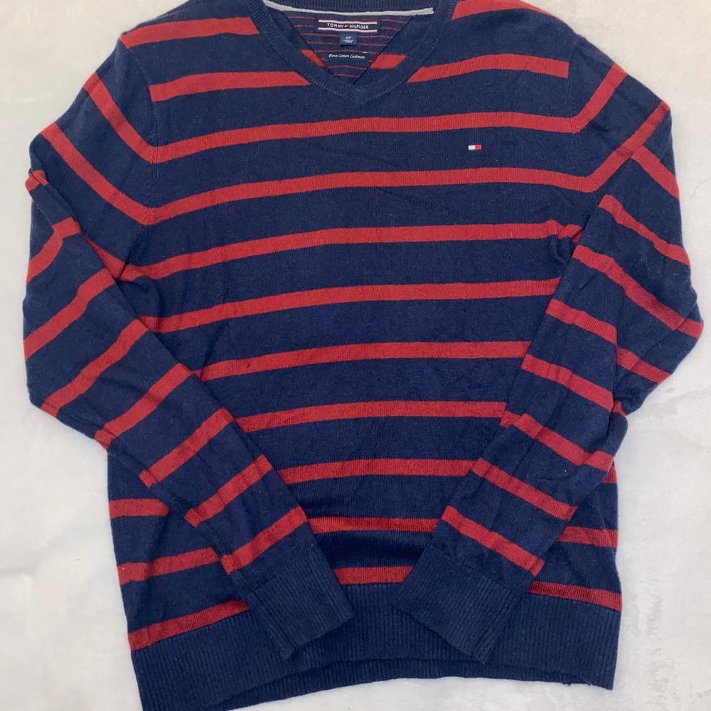 Tommy Hilfiger V-Neck Blue and Red Sweater